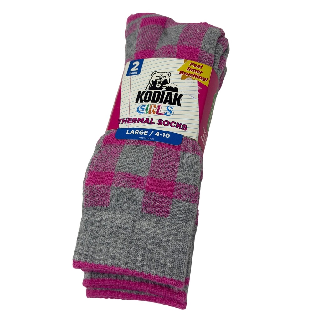 Kodiak Thermal Warm Socks Pink Grey Checkered 2-Pack Girl Kids Large Comfort NWT